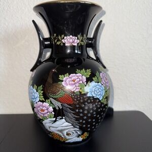 Vintage Japanese Black Porcelain Vase Container With Peacock And Flowers